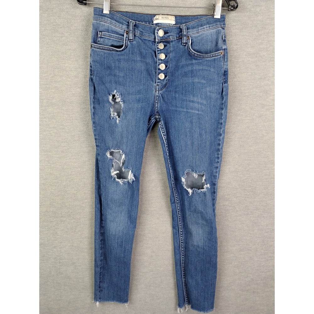 Free People Womens Pants‎ 30 Blue Denim Button Fly Raw Hem Skinny Distressed